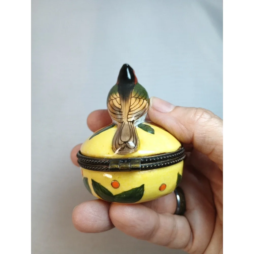 Vintage Porcelain Trinket Box Hand Painted Bird Hinged Pill Box Collectible